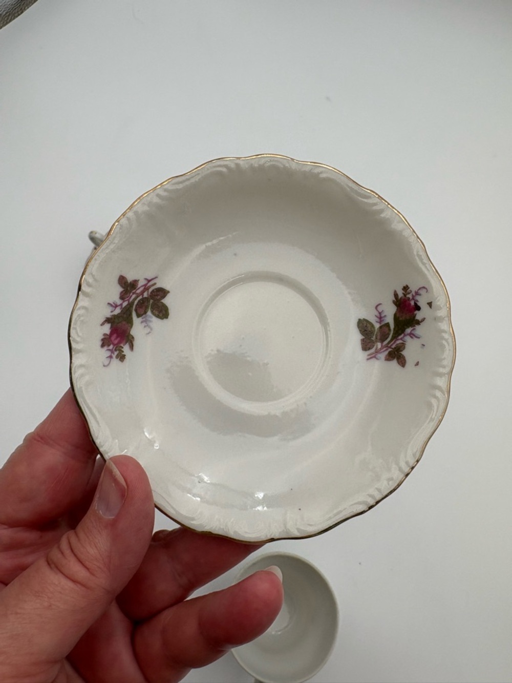 Vintage Floral Porcelain Tea Cup, Saucer, and Cake Plate Set - Picture 9 of 16
